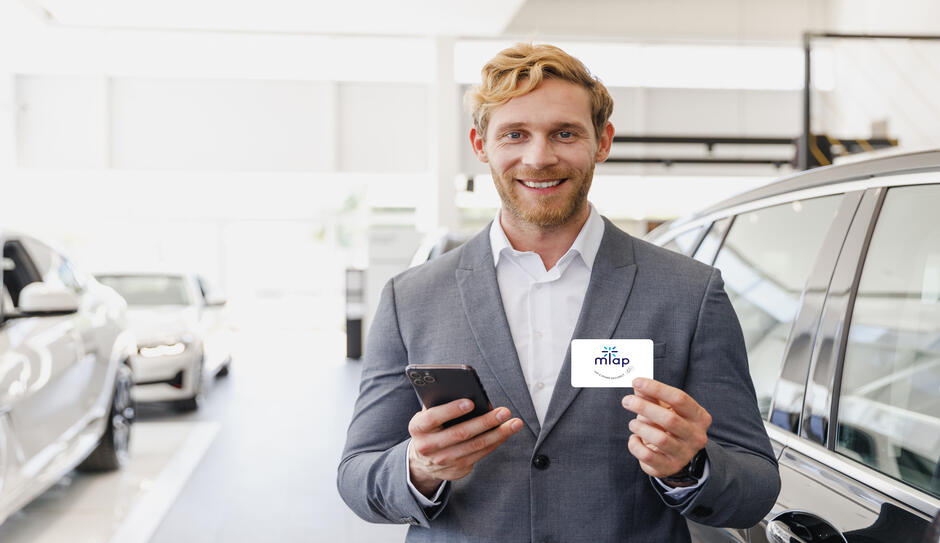 Car salesman holding digital business card with nfc mTap